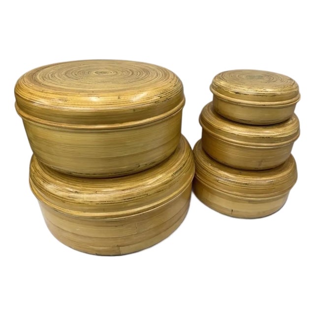 Set of Five Oggetti Postmodern Coiled Bamboo Lidded Boxes Graduated Sizes For Sale