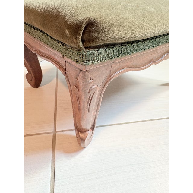 Circa 1930 French Provincial Style Olive Velvet Footstool - Made in Belgium For Sale - Image 4 of 10