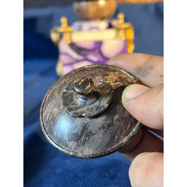 Vintage French Napoleon III stle inkwell with gilt bronze details, stone basin for ink with lead cover. The inkwell sits...