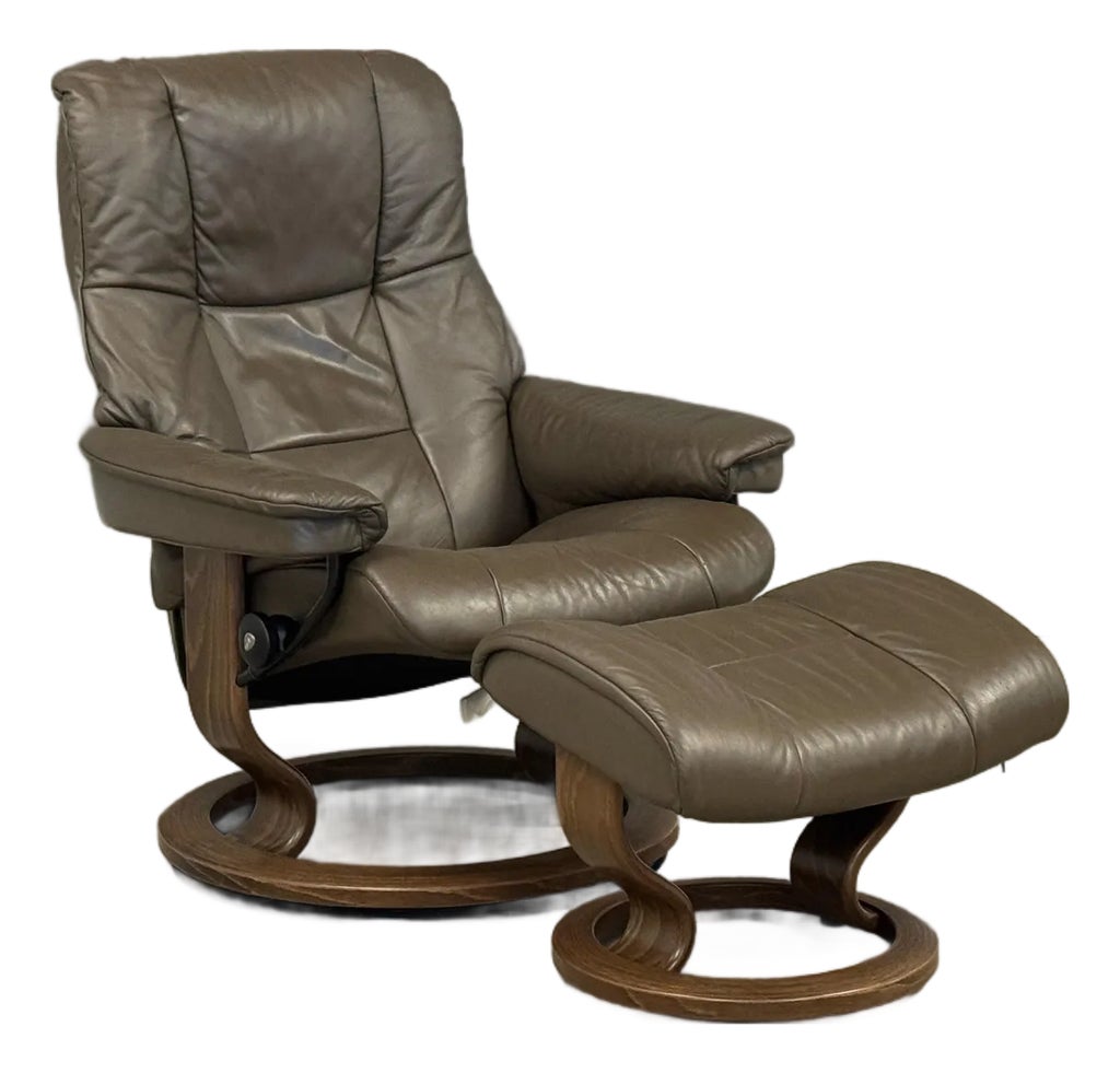 Brown Leather Ekornes Stressless Recliner and Ottoman | Chairish