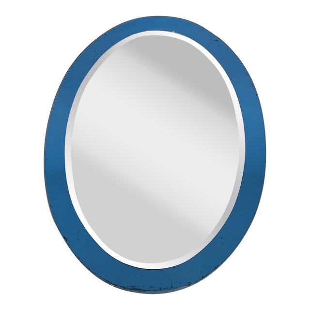 Oval Mirror With Blue Outline by Fontana Arte Italy Circa 1970 For Sale
