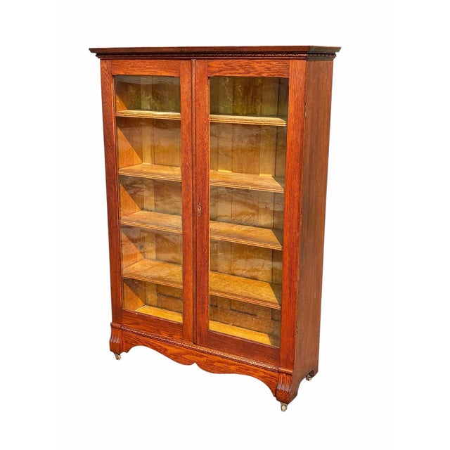 Victorian Antique Larkin Oak Bookcase / China Cabinet With Glass Doors & Carvings For Sale - Image 3 of 12