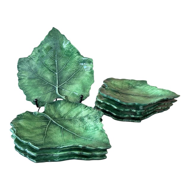 Italian Vietri Foglia Fresca Majolica Leaf Bread or Side Plates-Set of 8 For Sale