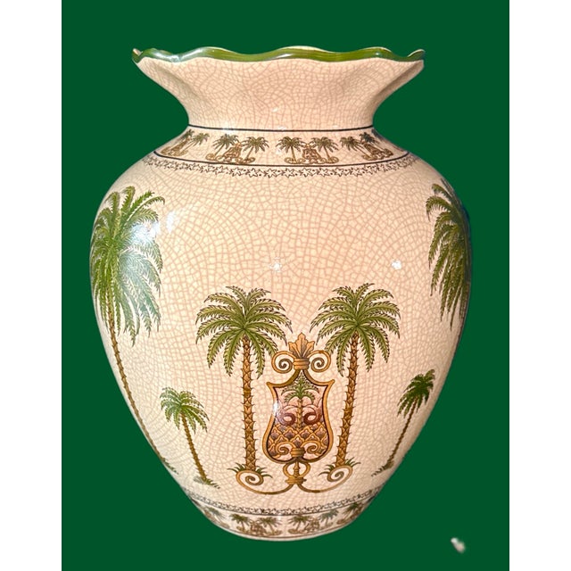 Grand Millennial Decor - Palm Beach Ceramic Chic Ceramic Vase. The vase has a beautiful, scalloped opening trimmed in dark...