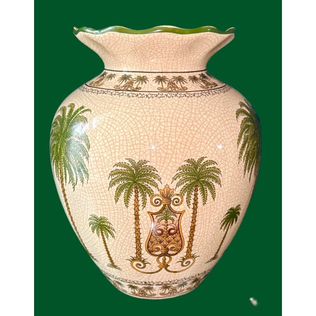 Grand Millennial Decor - Palm Beach Ceramic Chic Ceramic Vase. The vase has a beautiful, scalloped opening trimmed in dark...