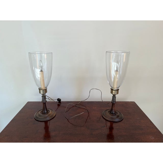 Georgian Style Mahogany & Brass Candlestick Lamps With Hurricane Shades - A Pair For Sale - Image 14 of 18