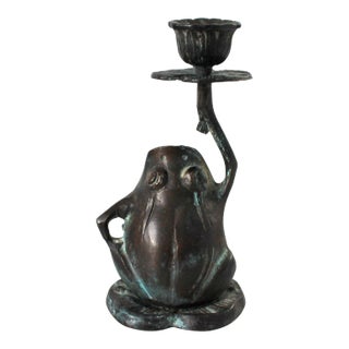 Vintage Brass Bronze Frog Taper Candle Holder For Sale