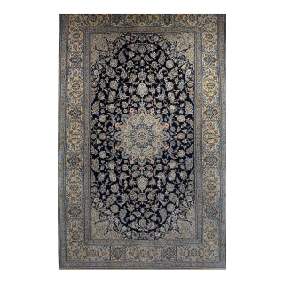 Vintage Nain Area Rug, Hand-Knotted Wool & Silk, Garden of Paradise Pattern, 4x7, Navy & Tan For Sale