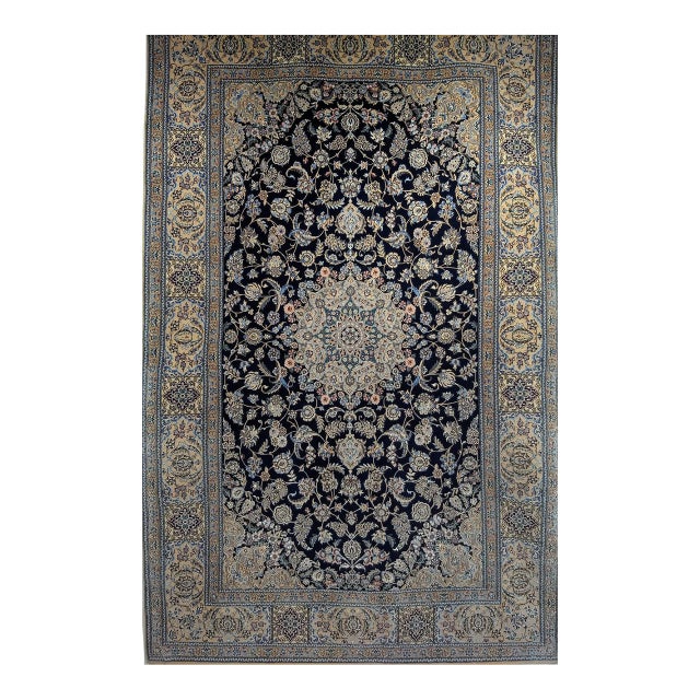 Vintage Persian Nain Area Rug, Hand-Knotted Wool & Silk, Garden of Paradise Pattern, 4x7, Navy & Tan For Sale
