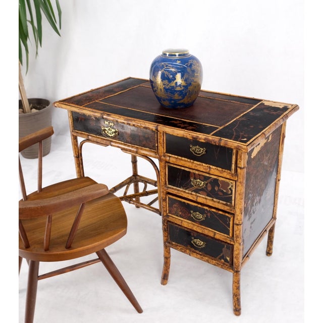 Antique Asian Oriental japaneese Burned Bamboo Hand Painted Decorated Desk Table For Sale - Image 6 of 18