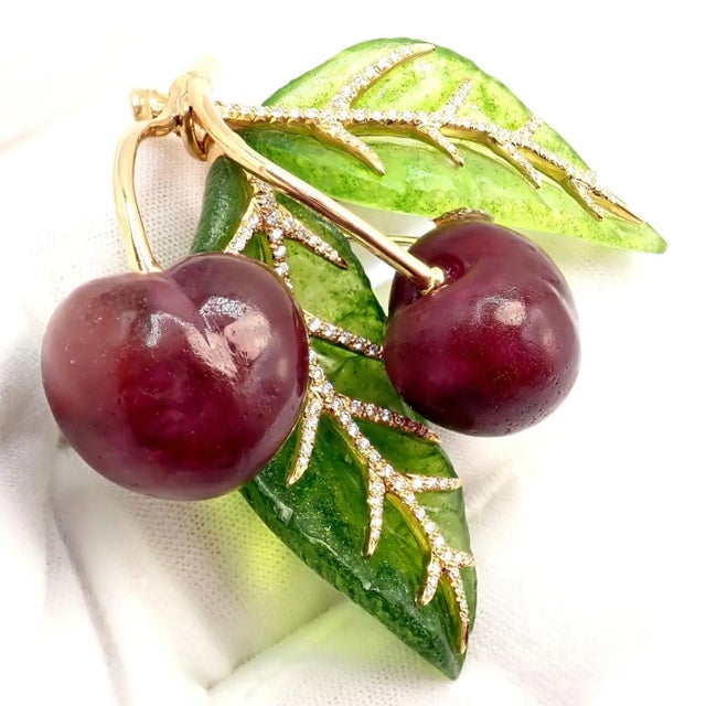 Vintage Tiffany & Co. France Diamond Plique a Jour Glass Cherries Gold Brooch For Sale - Image 16 of 16