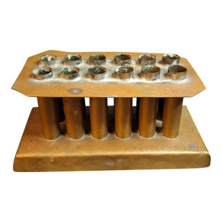 Ultra Rare Antique 18th C Heavy Brass 12 Tube Candle Mold Primitive Corks 5x10 For Sale