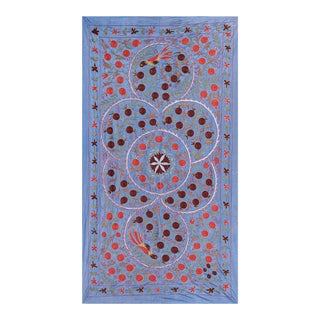 Silk Blue Suzani Tapestry With Pomegranates Design For Sale
