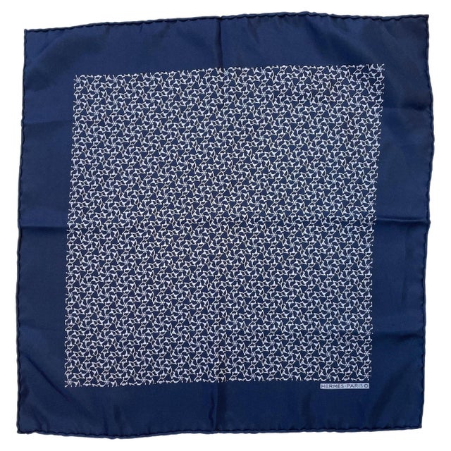 Hermès HERMES PARIS Navy Blue Equestrian Horse Bit Pattern Silk Scarf Pocket Square For Sale - Image 4 of 11