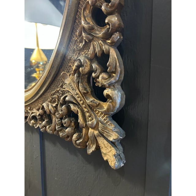 Baroque Vintage Carved Wood Gold Leaf Oval Mirror For Sale - Image 3 of 9