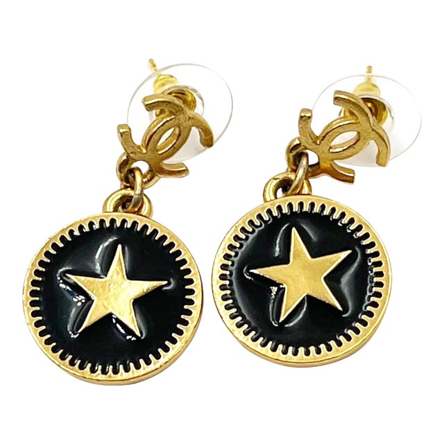 Chanel Vintage Gold Plated CC Star Round Black Coin Dangle Piercing Earrings, A Pair For Sale