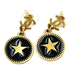 Chanel Vintage Gold Plated CC Star Round Black Coin Dangle Piercing Earrings, A Pair