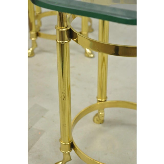 Vintage Hollywood Regency Brass Hoof Foot Glass Top Graduating Side Table - Pair For Sale - Image 13 of 15