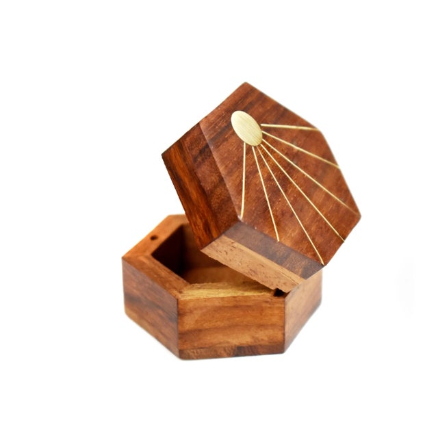 Mid 20th Century Mid 20th Century Vintage Hand Made Inlaid Brass Wooden Hexagon Box For Sale - Image 5 of 8