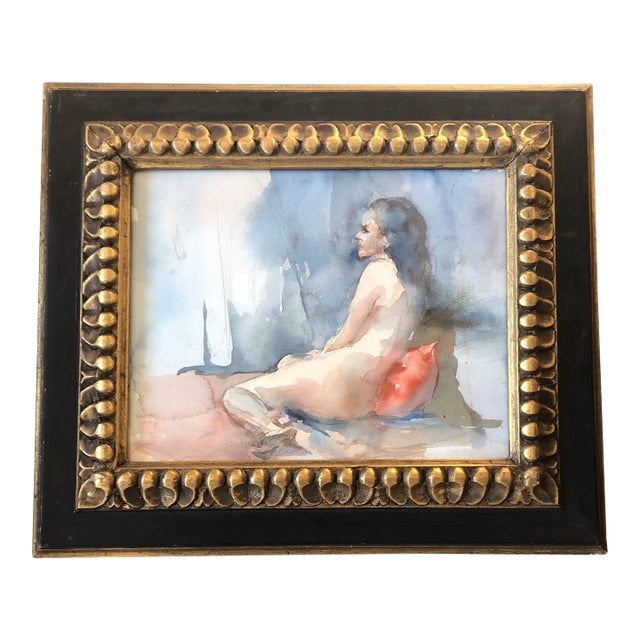 Original Vintage Abstract Expressionist Female Nude Watercolor Painting Ornate Vintage Frame For Sale