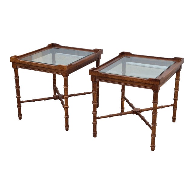 Mid-20th Century Vintage Lane Faux Bamboo Wood & Glass Side End Tables, a Pair For Sale