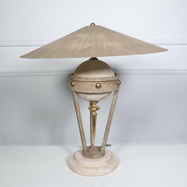 Michael Taylor 1990s Neoclassical Modern Micheal Taylor Travertine Cast Iron and Brass Sculptural Lamp For Sale - Image 4 of 11