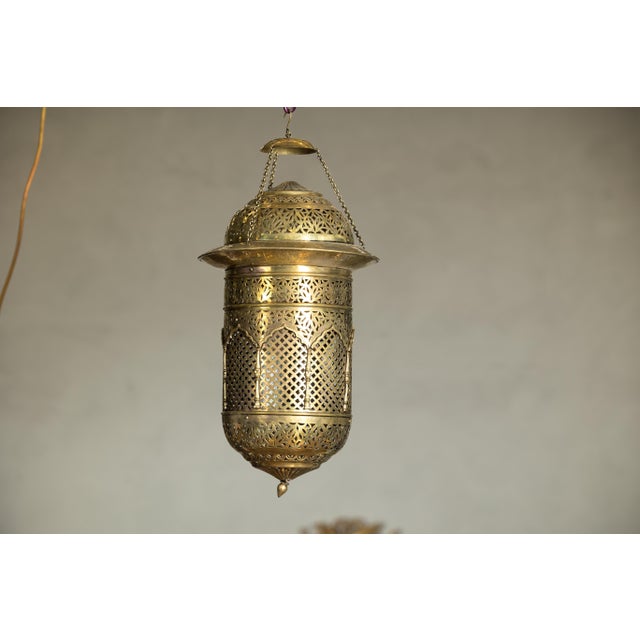 Indian Pierced Brass Hanging Decorative Lantern with Moorish Arch Motifs For Sale - Image 15 of 18