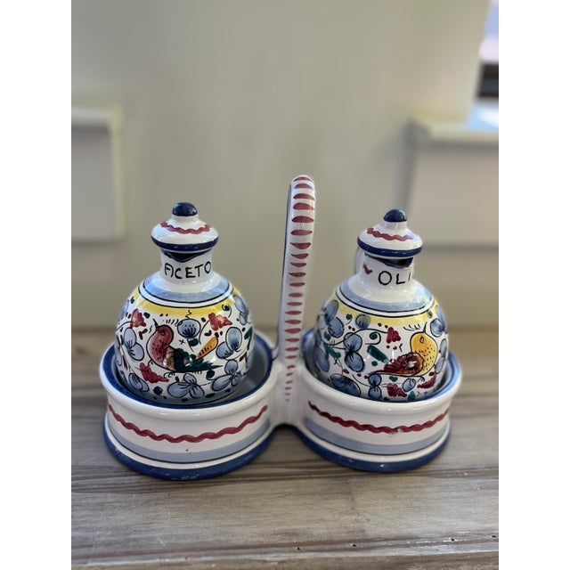 Italian Vintage Italian Hand-Painted Oil & Vinegar Cruet Set For Sale - Image 3 of 12