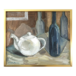 Mid-Century Modern 'Teapot & Bottles' Vintage Original Swedish Expressive Still Life Oil Painting, Framed