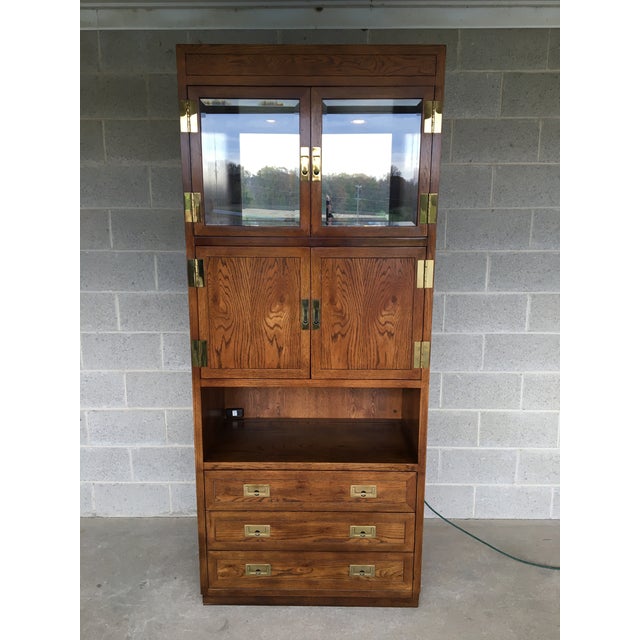 Henredon Folio Campaign Style Lighted Walnut Bar Cabinet Chairish