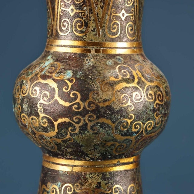 Bronze Gu Vase With Gold Inlay, Archaic Scroll & Script Motif, Chinoiserie Bronze Ritual Style Vessel For Sale - Image 10 of 10