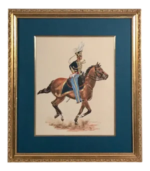 Late 19th Century Framed Watercolor Painting of Cavalry Soldier on Galloping Horse, Monogramed
