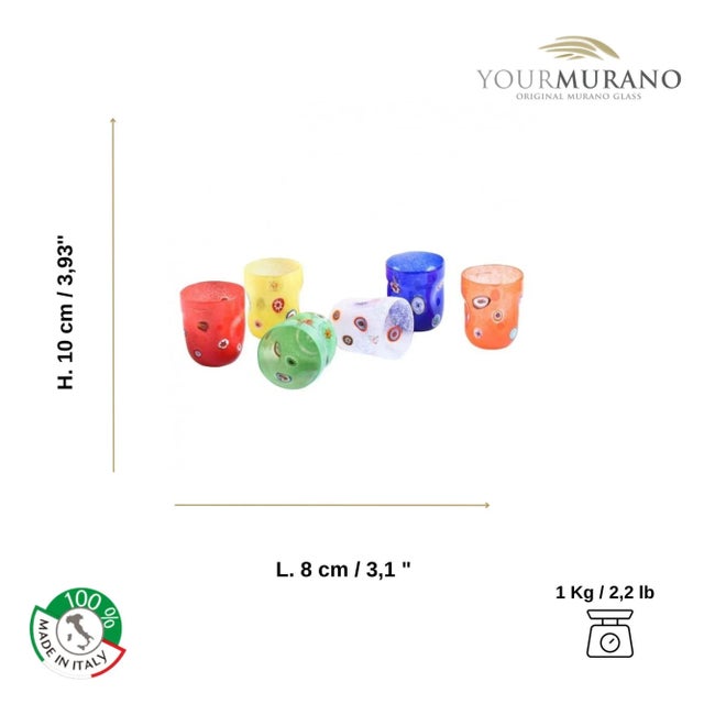 Set of Murano glass glasses made in different colors with murrine. These creations will make your table unique and...