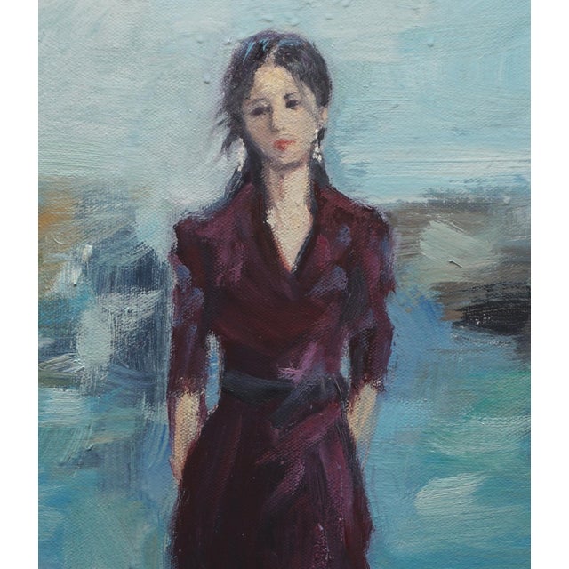 Original oil portrait of young lady, The portrait of a girl in the dark-colored skirt
