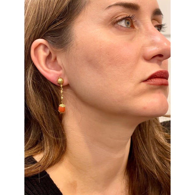 Natural Coral Simple Hanging / Dangling Earring in 18 Karat Yellow Gold For Sale - Image 12 of 18
