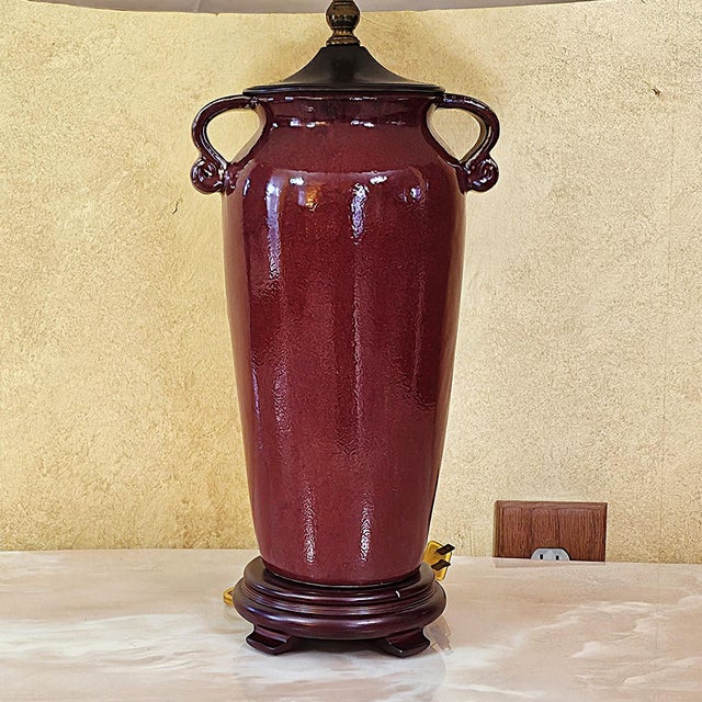 1990s Vintage Burgundy Glazed Ceramic Table Lamp With Bell Shade, Circa Late 20th Century For Sale - Image 5 of 18