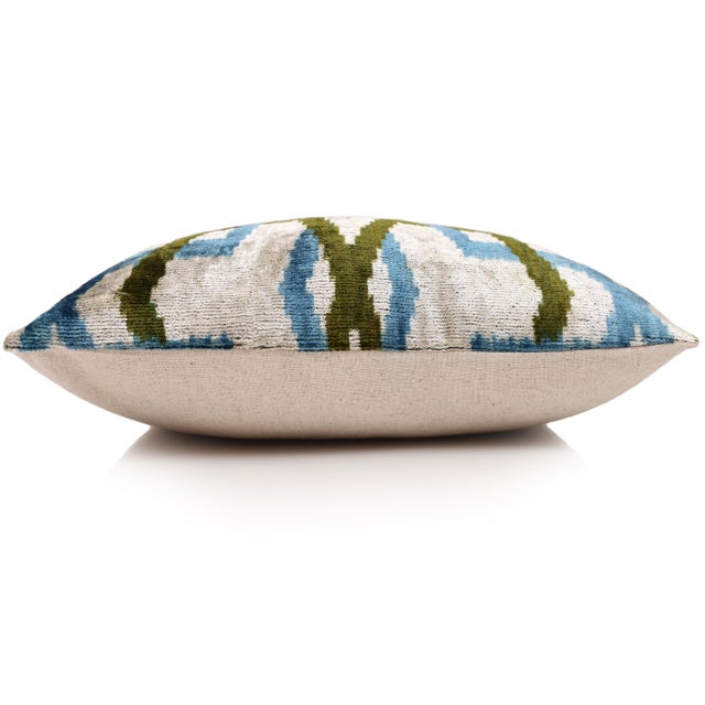Hand-Knotted Silk Velvet Ikat Pillow - 16x16 Azure & Olive Star Lattice For Sale - Image 4 of 7
