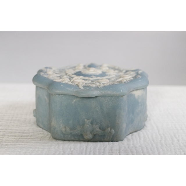 Beautiful pale robin's egg blue and cream scalloped box with brass hinged lid. This handcrafted stone box has an Italian...