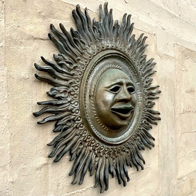 Metal Vintage Boho Monumental Patinated Cast Aluminum Sun Wall Sculpture For Sale - Image 7 of 9
