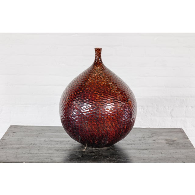 Rustic Handcrafted Bulb Shaped Burgundy Vase with Textured Honeycomb Style Motifs For Sale - Image 3 of 12