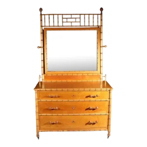 Aesthetic Faux Bamboo Mirrored Birds-Eye Maple Chest, Attributed to R J Horner