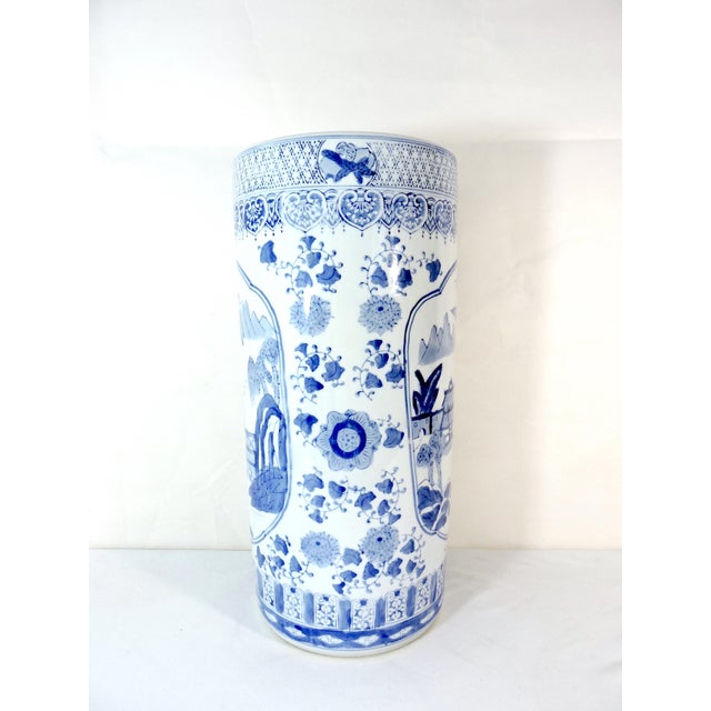 Vintage Chinese Blue and White Pavilion & Pagoda Porcelain Umbrella