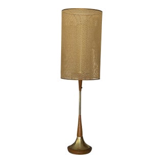 Vintage 1960s Modeline Walnut and Brass Table Lamp With Cloth Shade, MCM For Sale