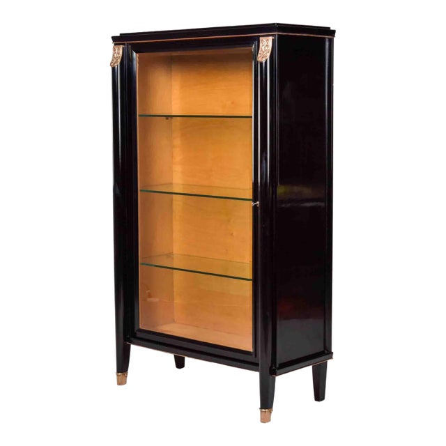 Italian Art Deco Ebonized Display Cabinet With Gilt Capitals For Sale