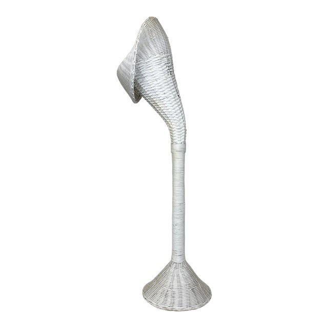 Tall Mid Century Bohemian White Wicker Vintage Trumpet Plant Stand or Planter For Sale