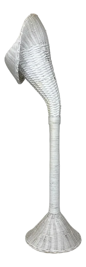 Tall Mid Century Bohemian White Wicker Vintage Trumpet Plant Stand or Planter