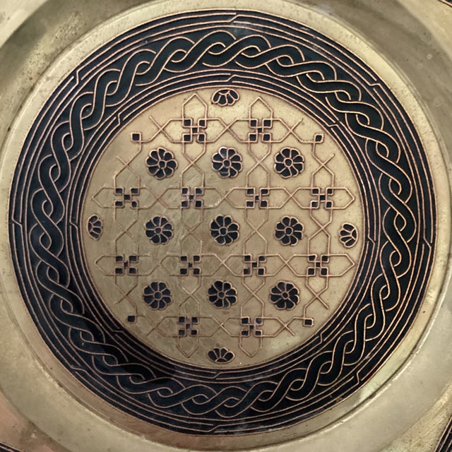 Vintage Middle Eastern Style Solid Brass Engraving Enamel Hexagonal Tray For Sale - Image 11 of 12