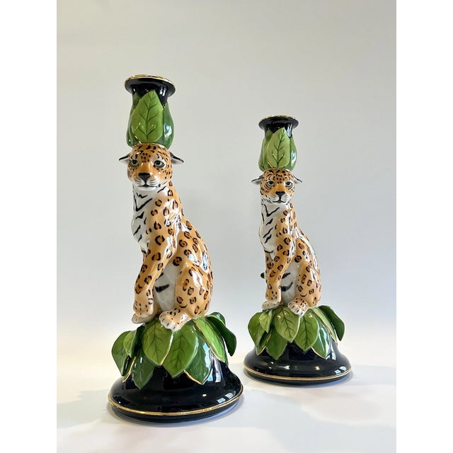 1990s Vintage MCM Lynn Chase Jaguar Jungle Candlesticks -Pair For Sale - Image 5 of 5