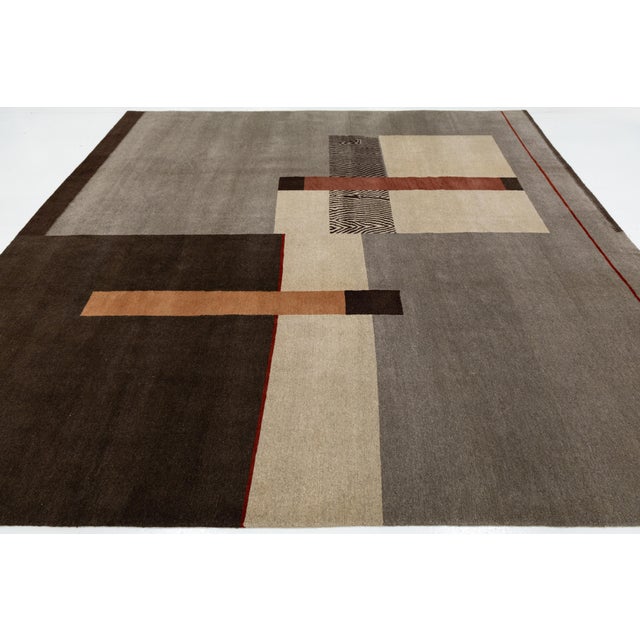 Textile Tibetan Hand-Knotted Wool & Silk Rug Abstract Modern Geometric in Gray and Brown For Sale - Image 7 of 10