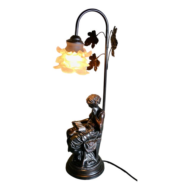 French Figural Bronze Lamp with Lady Reading, 1970s For Sale